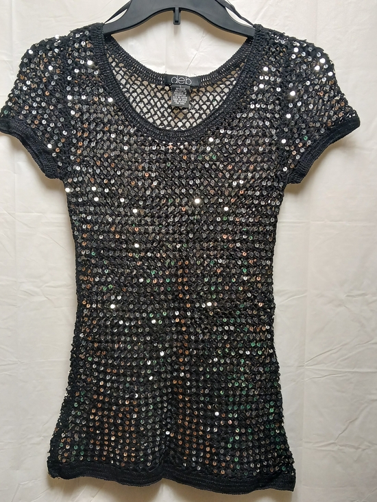 Deb Tops - deb Black Sequin Mesh Short Sleeve Top